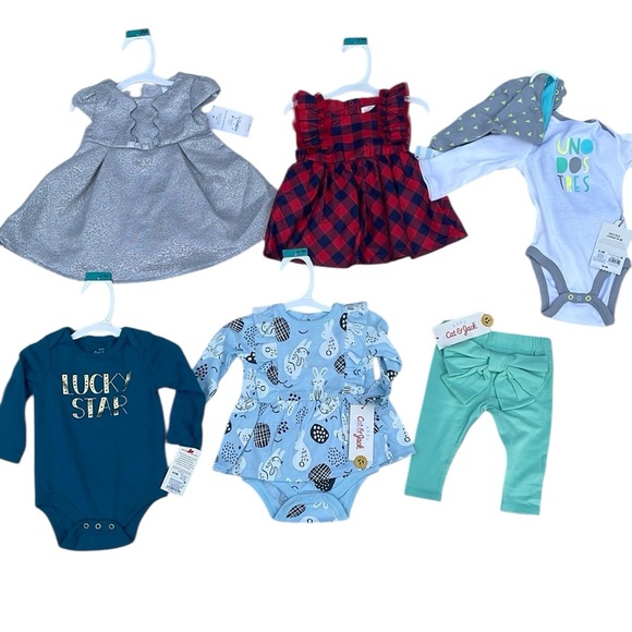 Cat‎ & Jack Baby Girl 0-3 Months Lot of 6 Dresses Rompers Pants -  Silver, Plaid - Picture 1 of 16